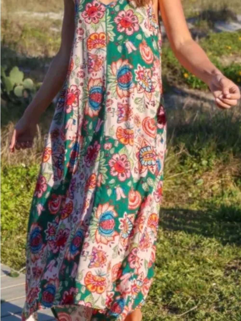 NATURAL LIFE Green Floral Print Maxi Dress with Pink & Orange Accents